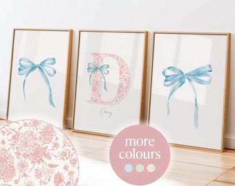 Custom Initial Name Nursery Art: Blue Bow Floral Print Set Girl room decor personalised (Digital Download)