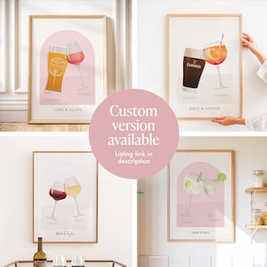 May include: Four framed wall art prints featuring illustrations of various alcoholic beverages in glasses, including beer, wine, and cocktails. Each print displays an arched background, a pair of glasses, and personalized names at the bottom.