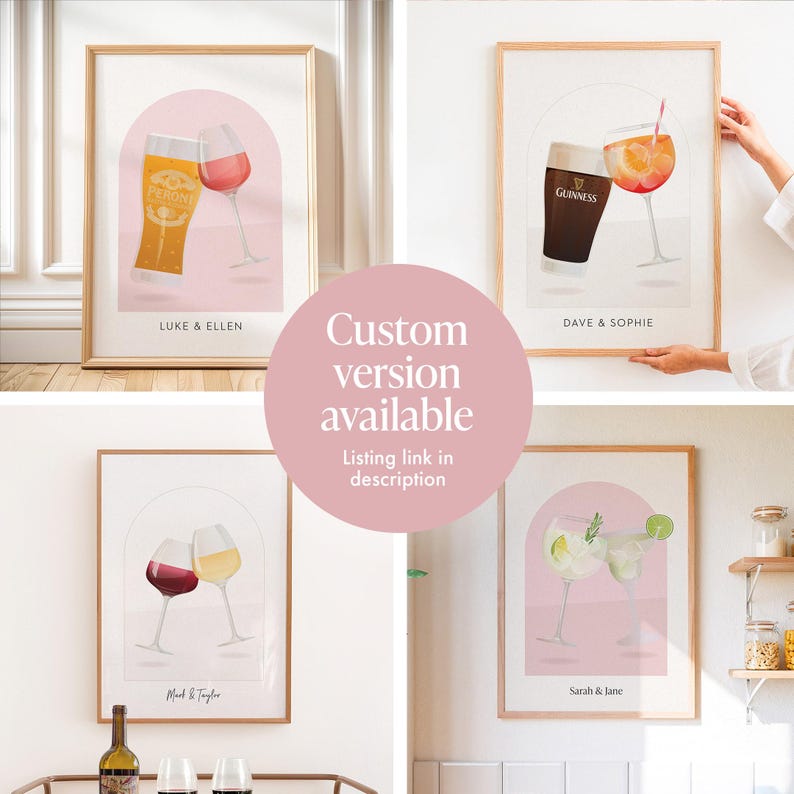 May include: Four framed wall art prints featuring illustrations of various alcoholic beverages in glasses, including beer, wine, and cocktails. Each print displays an arched background, a pair of glasses, and personalized names at the bottom.