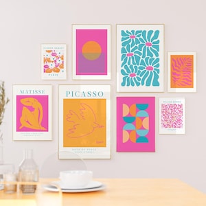 Colourful wall art set of 8 maximalist print modern abstract art trendy dopamine decor pink orange teal blue preppy aesthetic apartment art