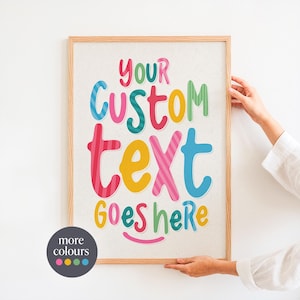 以下が含まれることがあります： YOUR CUSTOM TEXT GOES HEREというテキストが遊び心のあるマルチカラーのフォントで描かれた、縦型の額入りプリント。文字はピンク、青、黄色、緑の色合いで、一部にストライプ模様が施されており、明るい背景に配置されています。