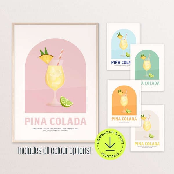 Pina Colada cocktail poster retro cocktail print bar printable art bar cart decor trendy bar art alcohol poster colourful kitchen wall decor