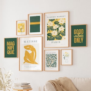 Pacchetto di 35 stampe verdi e gialle stampabili, set di gallerie verdi con decorazioni floreali gialle, arte floreale astratta, poster estetici moderni, boho, soggiorno