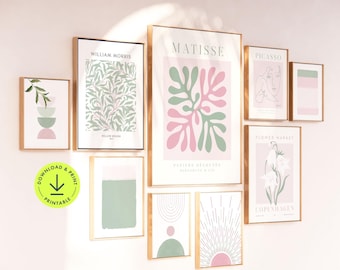 Pink & Sage Green Print Set: Mid Century Modern Gallery Wall Art (Digital Download)