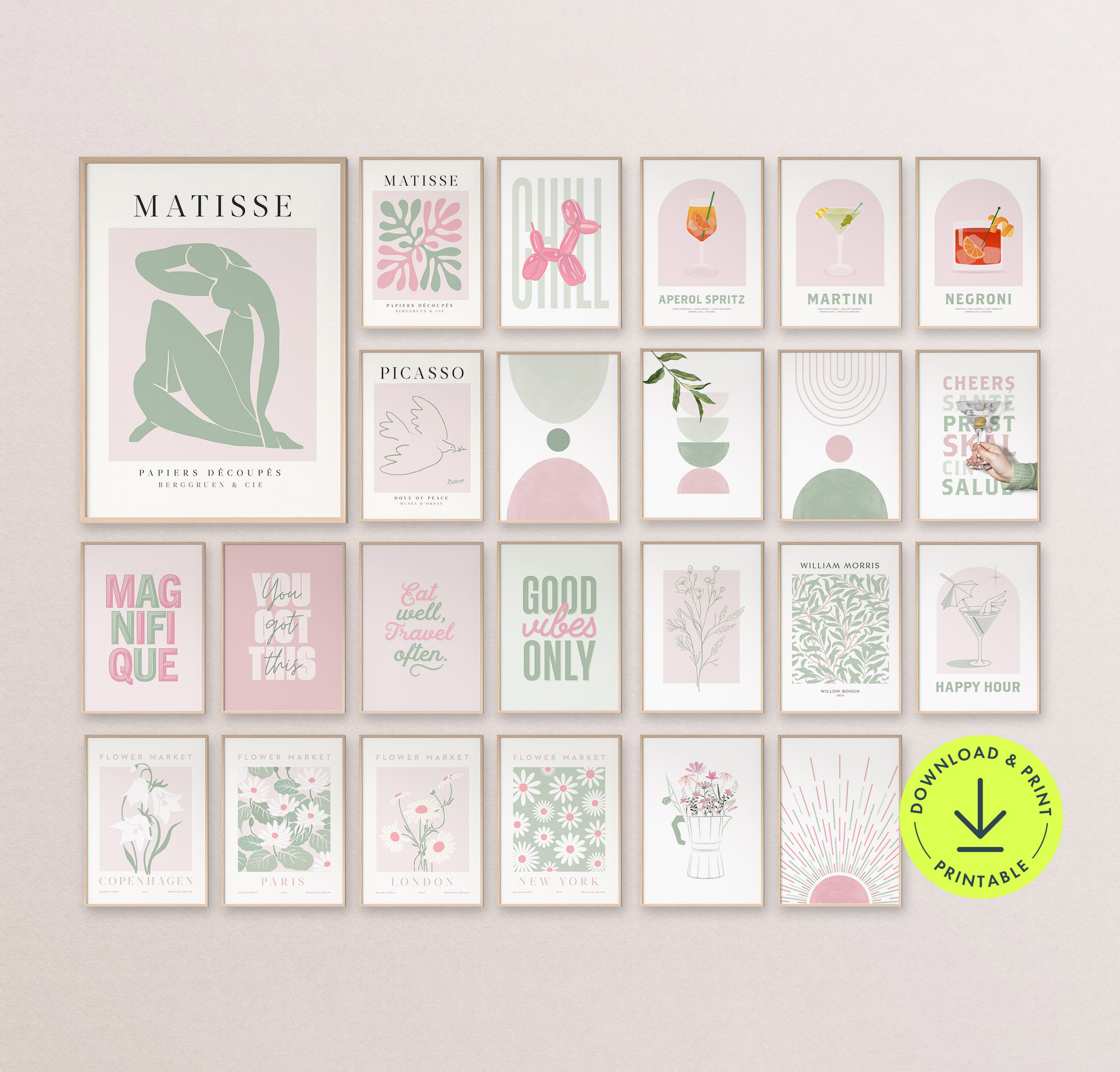 Blush Pink Sage Green Print Bundle Boho Aesthetic Gallery Wall Set