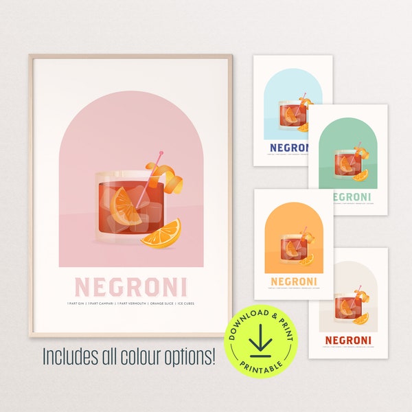 Negroni cocktail poster retro cocktail print colourful kitchen wall decor bar printable art trendy bar cart decor alcohol print gift for him