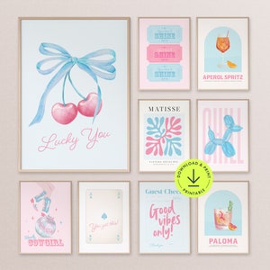 Pink Blue wall art set of 9 trendy dorm room decor preppy aesthetic gallery print bundle teen girls bedroom poster apartment art printable