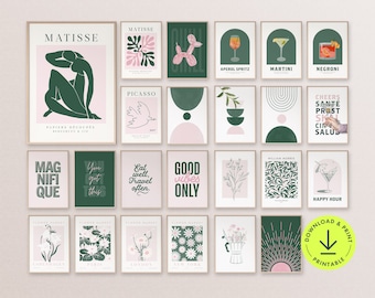 Puede incluir: Un conjunto de 18 impresiones de arte imprimibles con diseños minimalistas en verde y rosa. Las impresiones incluyen formas abstractas, motivos florales y diseños basados en texto. Las impresiones son perfectas para agregar un toque de estilo moderno a cualquier habitación.