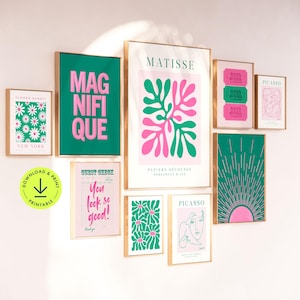 Pink and green gallery wall set printable colourful posters teen girl room decor trendy dorm room decor for college girls preppy aesthetic