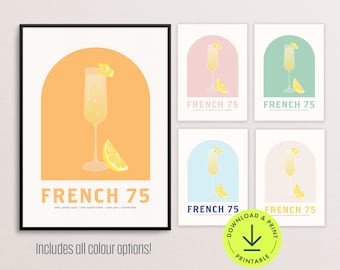 French 75 Cocktail print Retro Cocktail Print French 75 Printable Cocktail Poster downloadable French 75 Cocktail Bar Cart decor bar print