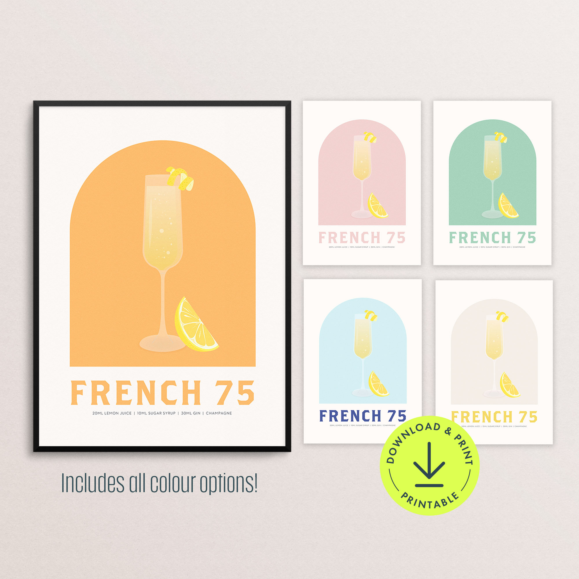 French 75 Cocktail Print, The perfect poster for aspiring mixologists or  champagne cocktail lovers