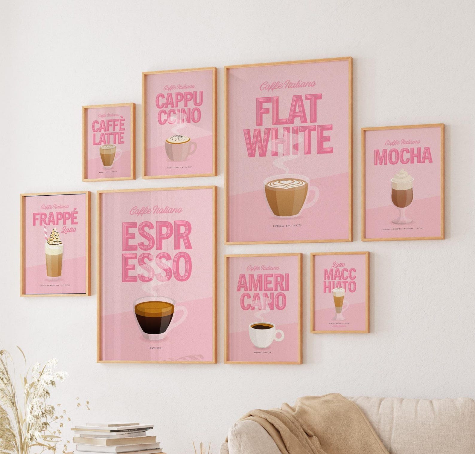 set of 8 kitchen prints, coffee print set, fork spoon... Pink Coffee Types Print Set: Kitchen Cafe Art (digital Download) - Etsy