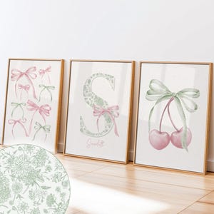 Green pink bow poster set of 3 custom name initial print printable cherry wall art cute nursery coquette dorm gift for girl ribbon decor