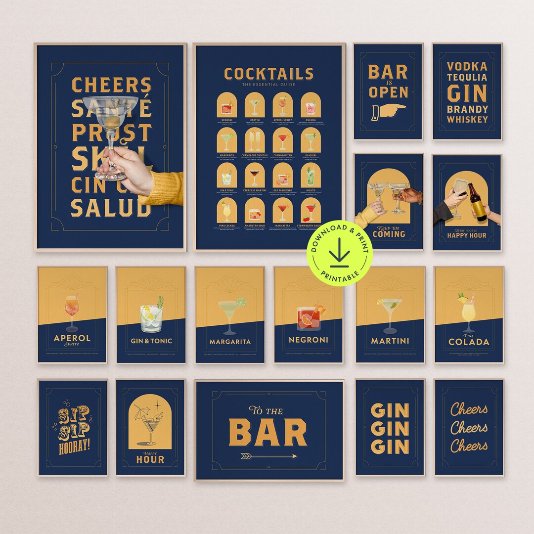 Retro Bar Wall Art Printable Bar Gallery Wall Set Navy Orange Bar Cart