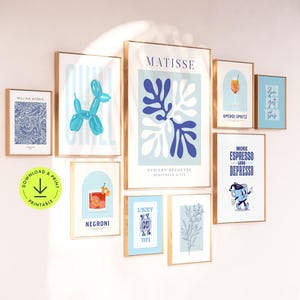 Zestaw Blue Wall art do wydrukowania, niebieska galeria ścienna, niebieski wydruk, dekoracja akademika dla studentek, sypialnia, niebieskie wydruki do salonu
