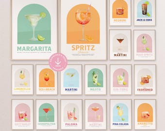 May include: A set of framed art prints displaying illustrations of classic cocktails, including Margarita, Spritz, and Martini. Each print features a colorful image of the drink with its name. The prints have a minimalist design with a light background and a wooden frame.