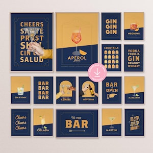Juego de 18 impresiones de carritos de bar vintage, arte de pared de galería de bar tradicional, tipografía de bar retro, carteles de cócteles imprimibles, idea de regalo de bebidas para bar en casa