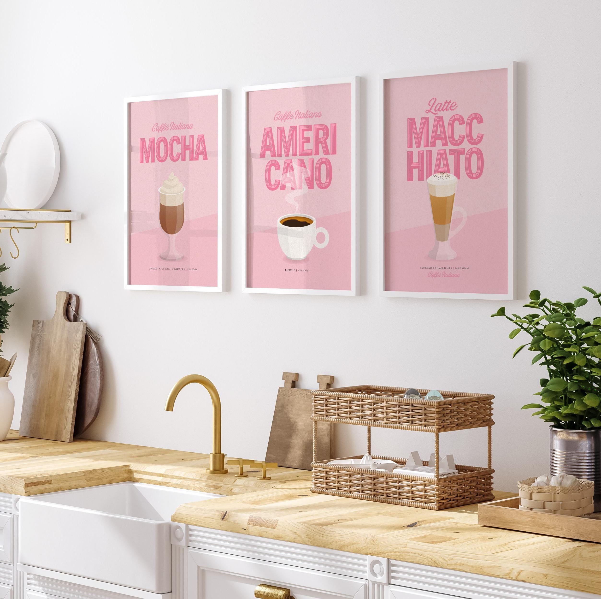 set of 8 kitchen prints, coffee print set, fork spoon... Pink Coffee Types Print Set: Kitchen Cafe Art (digital Download) - Etsy UK