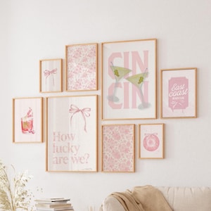 Pink print bundle set of 24 printable preppy pink wall art pink bow poster teen girl bedroom poster dorm decor pink gallery cute aesthetic