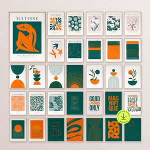 Trendy dunkel grün und orange Druck gesetzt bunte Galerie Wand Set druckbare moderne abstrakte Kunst ästhetisch Schlafzimmer Dekor Wohnzimmer