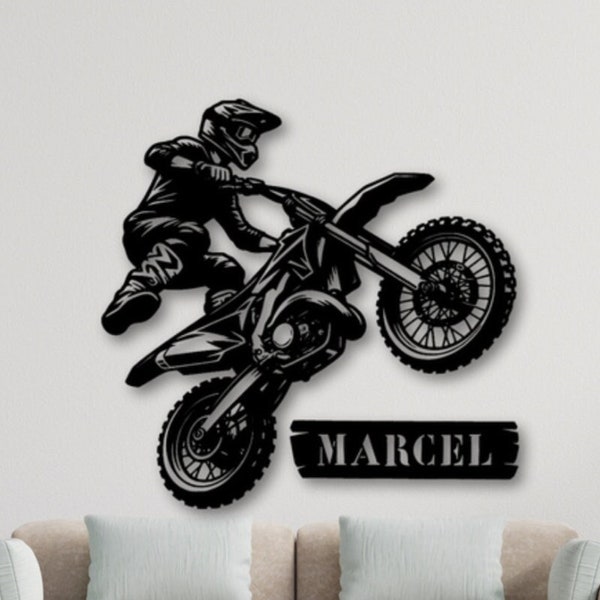 Personalisiertes Motocross-Wandbild aus Holz für echte Motorsport-Fans | Einzigartige handgefertigte Deko mit Motocross-Maschine und Name