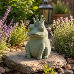 Könnte beinhalten: Eine hell salbeigrüne Froschfigur mit einer Krone auf dem Kopf. Der Frosch ist in sitzender Position dargestellt, hat große, abgerundete Augen und eine glatte, matte Oberfläche und steht mittig auf einer flachen, grauen Steinplatte.