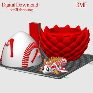 May include: A digital download image featuring 3D-printed baseball-themed objects. Includes a baseball-shaped container, a red flower-like pot, a baseball bat, and a baseball-themed creature. The text "Digital Download For 3D Printing" is visible.