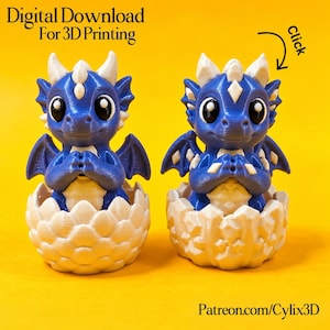 May include: Two blue and white 3D printed dragon figurines emerging from textured eggs. The text reads Digital Download For 3D Printing, click, and Patreon.com/Cylix3D. The dragons have large black eyes, white horns, and small wings.