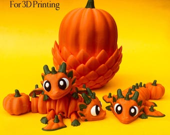 May include: Orange 3D-printed Halloween decorations, including pumpkin-shaped dragons and pumpkins, set against a yellow background. The text "Digital Download For 3D Printing" is visible at the top left.