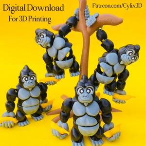 May include: A digital download image featuring several articulated gorilla figures in black and light blue, holding yellow bananas. The gorillas are posed on a brown tree branch against a bright yellow background. Text at the top reads "Digital Download For 3D Printing."