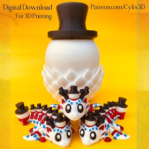 May include: A 3D-printed design featuring a white, egg-shaped object with a black top hat, and several small, dragon-like creatures with top hats, red and blue accents, and large eyes. The text "Digital Download For 3D Printing" is visible.