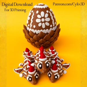 May include: A 3D-printed chocolate-colored egg with white floral designs, sitting in a brown base, and several small dragon figures wearing Santa hats. The image includes the text "Digital Download For 3D Printing" and "Patreon.com/Cylix3D".