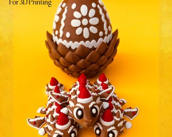May include: A 3D-printed chocolate-colored egg with white floral designs, sitting in a brown base, and several small dragon figures wearing Santa hats. The image includes the text "Digital Download For 3D Printing" and "Patreon.com/Cylix3D".