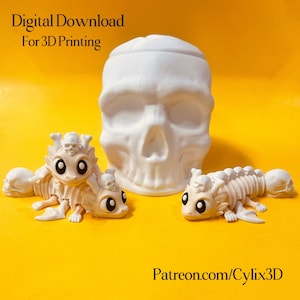 May include: A white skull and three small, light-colored dragon figurines with skull-shaped heads and spine details are displayed on a yellow background. The text "Digital Download For 3D Printing" and "Patreon.com/Cylix3D" are visible.