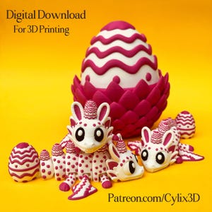 May include: A collection of 3D-printed white and magenta Easter-themed figurines and an egg-shaped structure. The figurines include bunny-like creatures and decorated eggs. The text "Digital Download For 3D Printing" and "Patreon.com/Cylix3D" are visible.