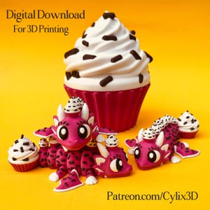 May include: A whimsical image featuring a large cupcake and several pink dragon figurines, all adorned with chocolate chip details. The dragon figures have cupcake hats. Text reads "Digital Download For 3D Printing" and "Patreon.com/Cylix3D".