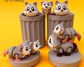 Flexi Racoon, Opossum And Trash Can STL 3D Print Files: Articulated  Fidget Winged Toy