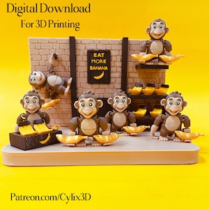 May include: A 3D printed display featuring six brown monkey figurines and yellow bananas. A brick wall backdrop includes a sign reading EAT MORE BANANA. The text Digital Download For 3D Printing and Patreon.com/Cylix3D is visible on the yellow background.