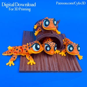 May include: Four orange and black geckos with large eyes and yellow feet are arranged on a brown wooden base. The geckos are 3D printed. Text on the image reads "Digital Download For 3D Printing" and "Patreon.com/Cylix3D".