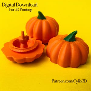 May include: Three orange 3D-printed pumpkins with green stems on a yellow background. One pumpkin is disassembled, revealing a hand giving the middle finger. Text reads "Digital Download For 3D Printing" and "Patreon.com/Cylix3D".