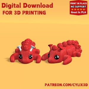 May include: Two red 3D printed yarn ball creatures with googly eyes and yarn tails. The text "PRINT IN PLACE NO SUPPORT Great In PLA" is in the top right corner of the image. The text "PATREON.COM/CYLIX3D" is in the bottom center of the image.