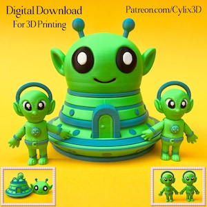 May include: A collection of green 3D-printed alien figures and a spaceship model. The aliens have large eyes and antennae. The spaceship is green and blue with a door. Text at the top reads "Digital Download For 3D Printing".