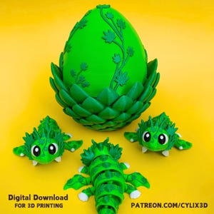 Può includere: Un uovo di drago verde stampato in 3D con un design a foglie, circondato da tre piccoli draghi verdi stampati in 3D. Il testo "Download digitale per la stampa 3D" e "patreon.com/cylix3d" sono visibili nell'immagine.