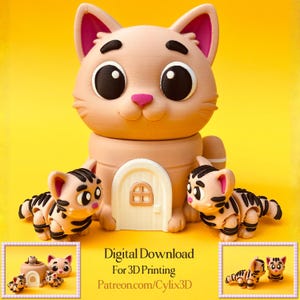 May include: A tan cat-shaped house with a door and two small cat figurines with black stripes. The cat house has large black eyes and a pink nose. The text "Digital Download For 3D Printing Patreon.com/Cylix3D" is visible.