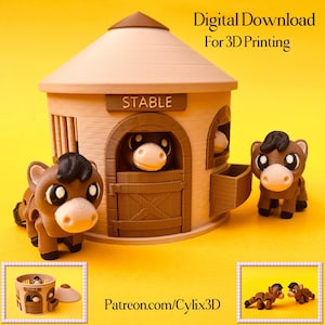 May include: A 3D-printed model of a stable with a horse inside and two toy horses. The stable is tan with a brown roof and the word "STABLE" on the front. The toy horses are brown with black manes and white faces. The text "Digital Download For 3D Printing" is visible.