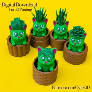 May include: Five green cat-shaped planters with various succulent-like plant designs. The cats have pink accents on their ears and noses, and large, expressive eyes. The planters are brown and sit on a yellow background. Text reads "Digital Download For 3D Printing".