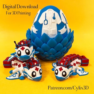 May include: A blue and white 3D printed egg with a doctor coat and stethoscope design, accompanied by two articulated dragon figures featuring red medical kits and white masks. Text reads: Digital Download For 3D Printing and Patreon.com/Cylix3D.