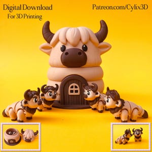 May include: A collection of 3D-printed figurines and a house-shaped structure, all in a tan and brown color scheme, set against a yellow background. The figurines resemble a cartoonish bison. Text on the image reads "Digital Download For 3D Printing" and "Patreon.com/Cylix3D".