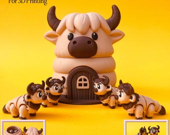 Flexi Highland Cow And House Box STL 3D Print Files: Animal Fidget Toy