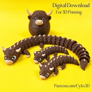 May include: Three brown articulated figures with cream-colored horns and snouts, featuring a long segmented body and two smaller versions. Text reads: Digital Download For 3D Printing and Patreon.com/Cylix3D. The figures have large eyes and textured fur.